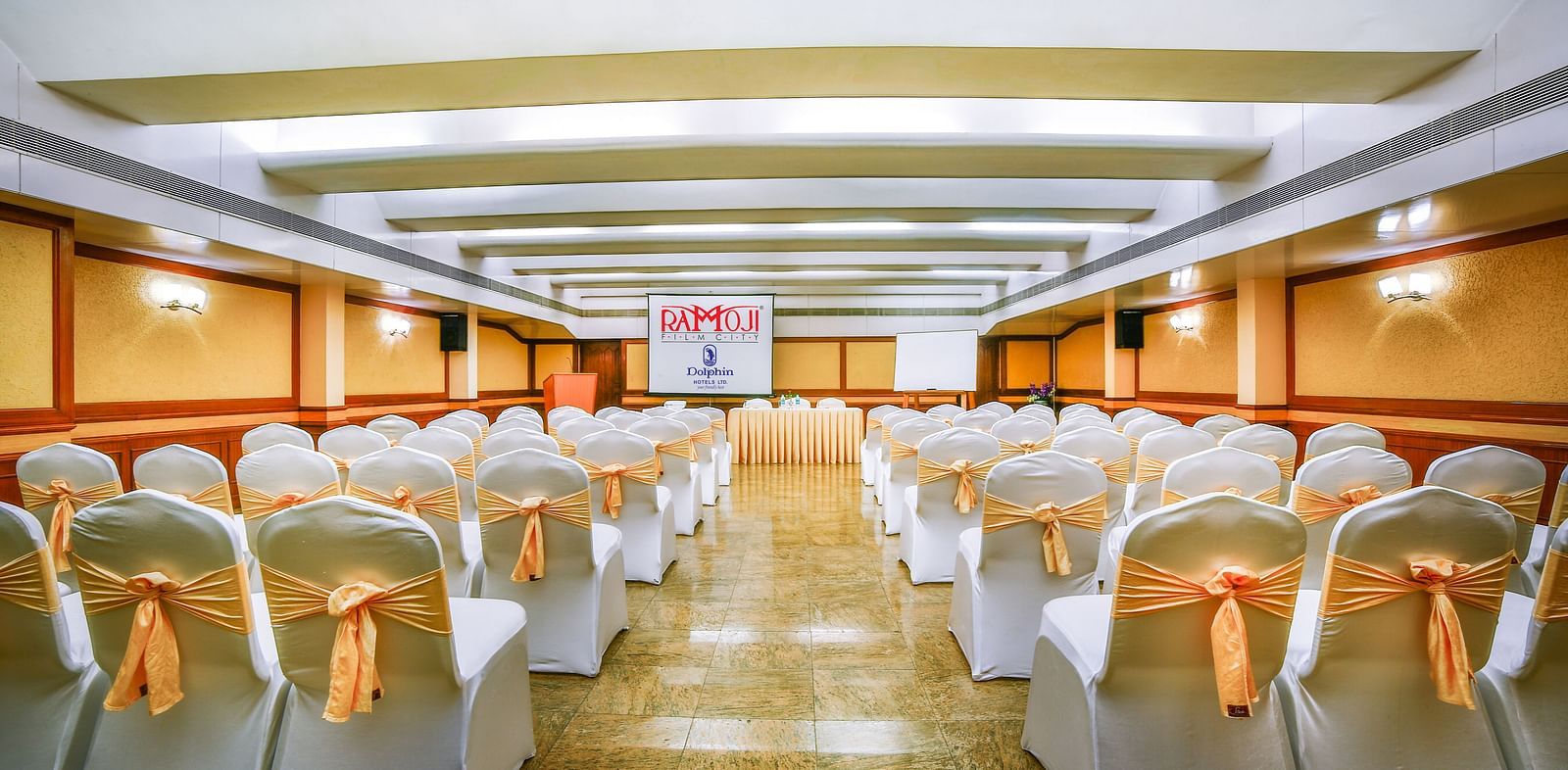 Champion Hall arrayed with chairs at Tara, Comfort Hotel in Hyderabad - Ramoji Film City.