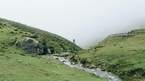 An image of a rocky mountain with subtle greenery through which a river is flowing in a foggy weather