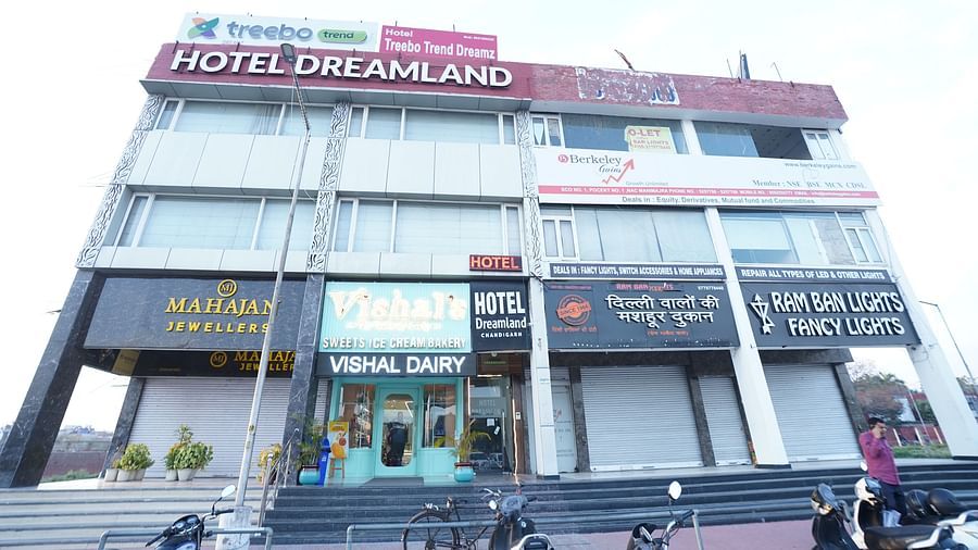 Facade image of Hotel Dreamland, Chandigarh with vehicles parked in the front.