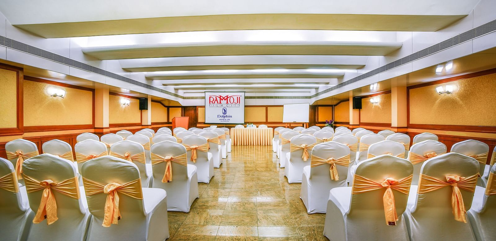 Champion Hall arrayed with chairs at Tara, Comfort Hotel in Hyderabad - Ramoji Film City.