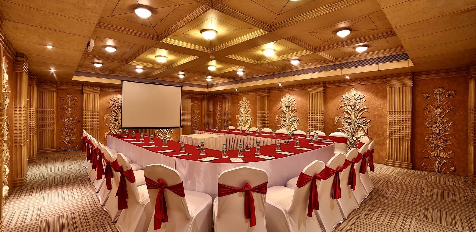 Seating arrangement in Sangam Hall at Sitara Luxury Hotel in Hyderabad near Ramoji Film City.