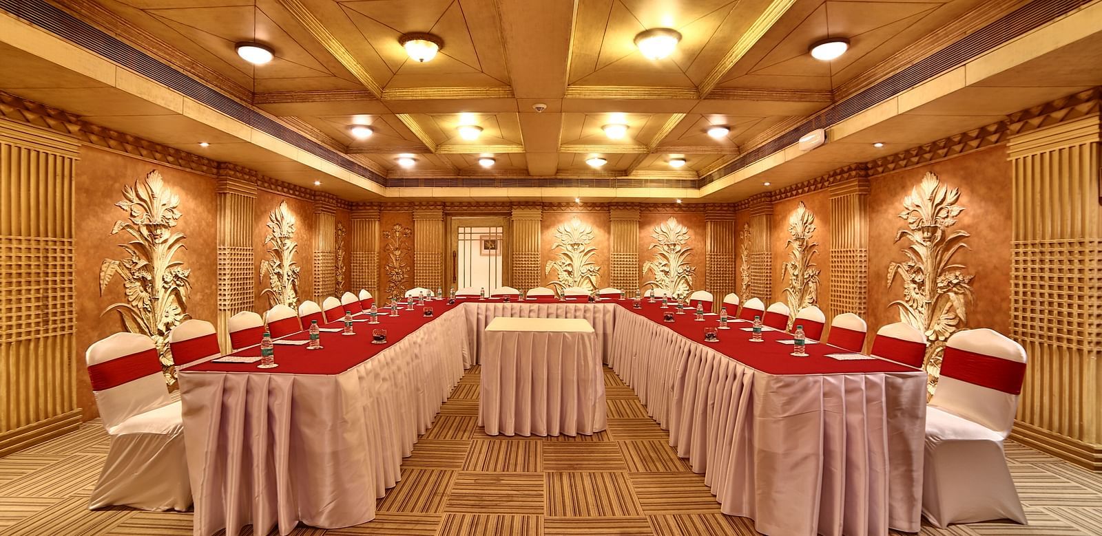 Seating arrangement in Sangam Hall at Sitara Luxury Hotel in Hyderabad near Ramoji Film City.