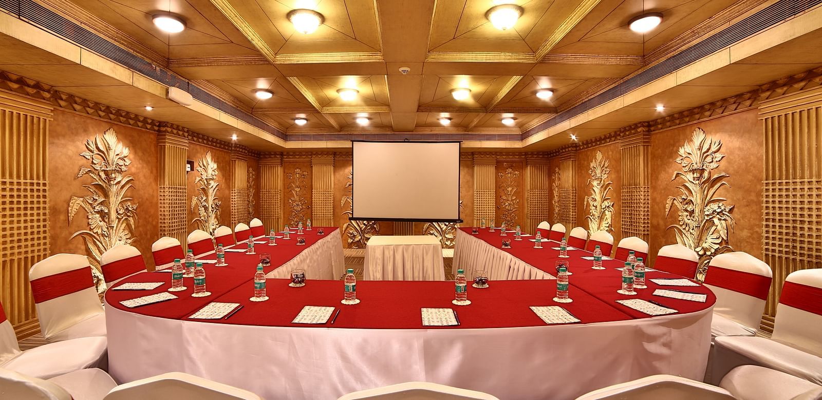 Seating arrangement in Sangam Hall at Sitara Luxury Hotel in Hyderabad near Ramoji Film City.