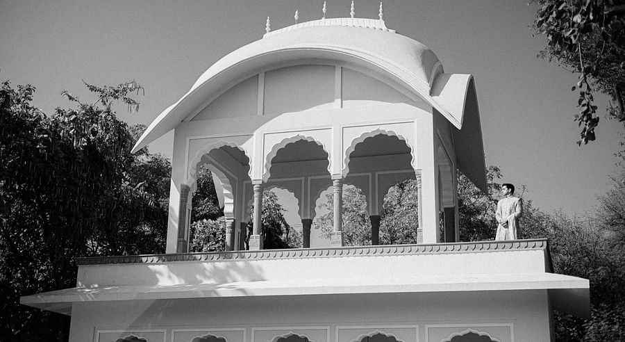 Monochrome picture of Umaid Palace’s terrace with wedding decor.