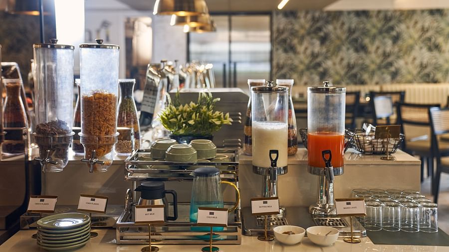 breakfast buffet station at Mishri, the restaurant at Triptam Hotel, Vrindavan