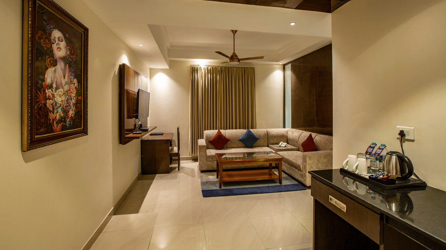 View of a suite living area from the refreshment counter - Eastlynn Resort, Rishikesh