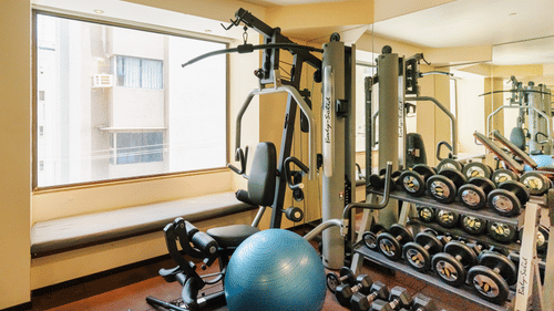 The image of the gym with the gym equipment and a window with view at Marasa Sarovar Portico, Rajkot