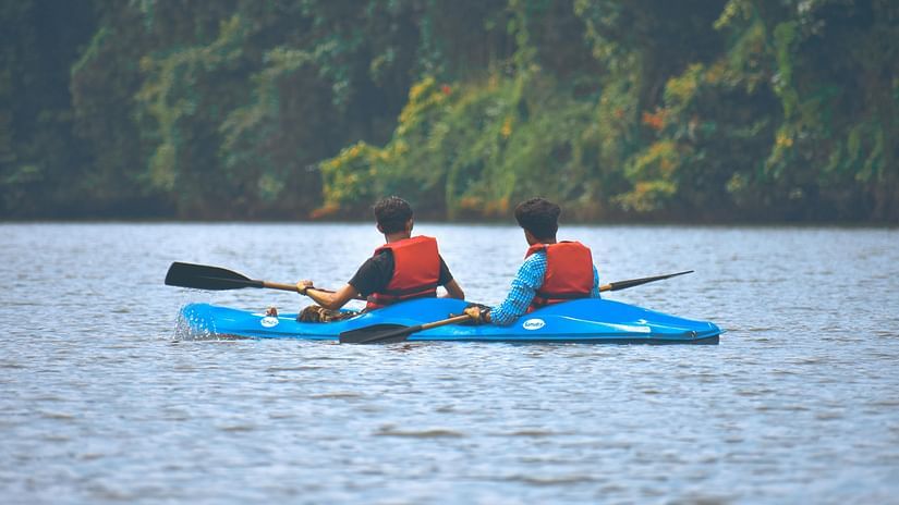 Two people rowing in a kayak with a forest in the backdrop