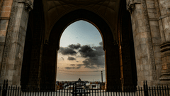 View through the Gateway of India archway in Mumbai.