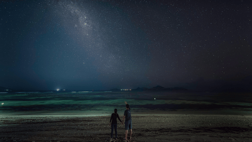 A couple standing on the beach shore facing towards the ocean with the night sky full of stars in the background.