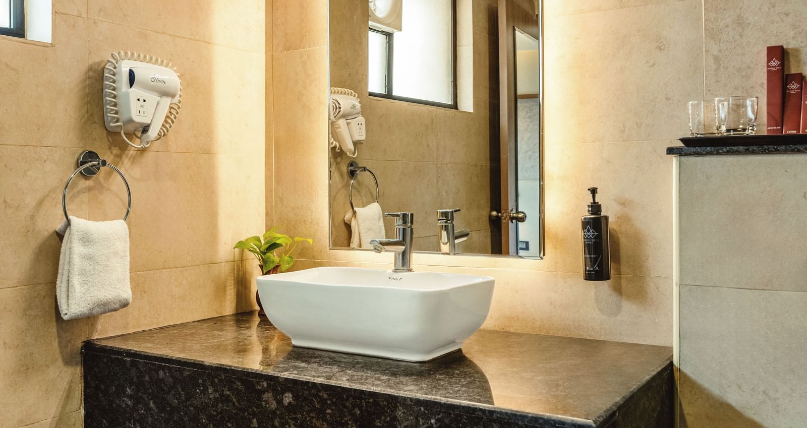 A close-up of a sink on a counter in a bathroom at Mango Hill Central, Chennai.