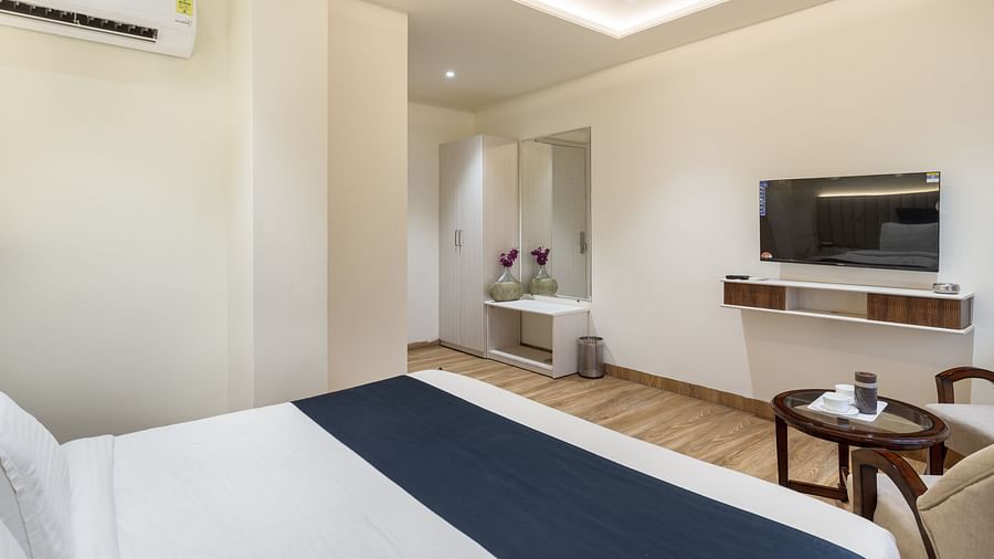 Television and double bed at Luxury City View Room at Hotel Meghdoot
