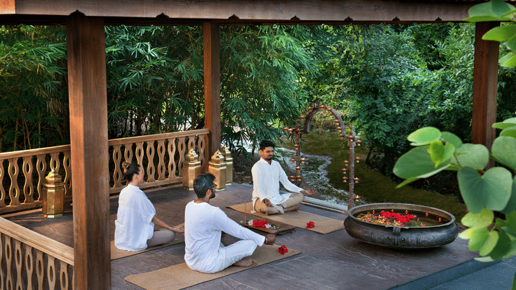 Guests enjoy open-air dining at Aramness yoga session, surrounded by the peaceful sounds of nature.