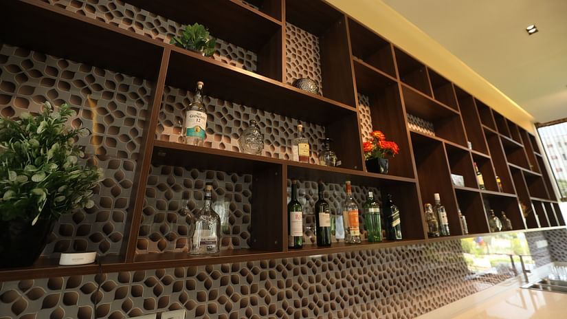 Well-stocked bar shelf