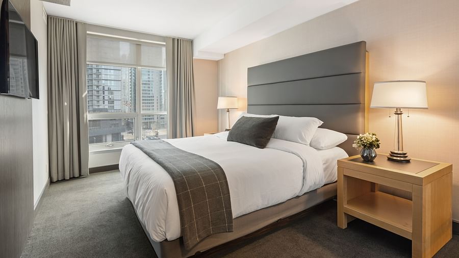 A double bed with cushioned headboard and a side table with a lamp on it