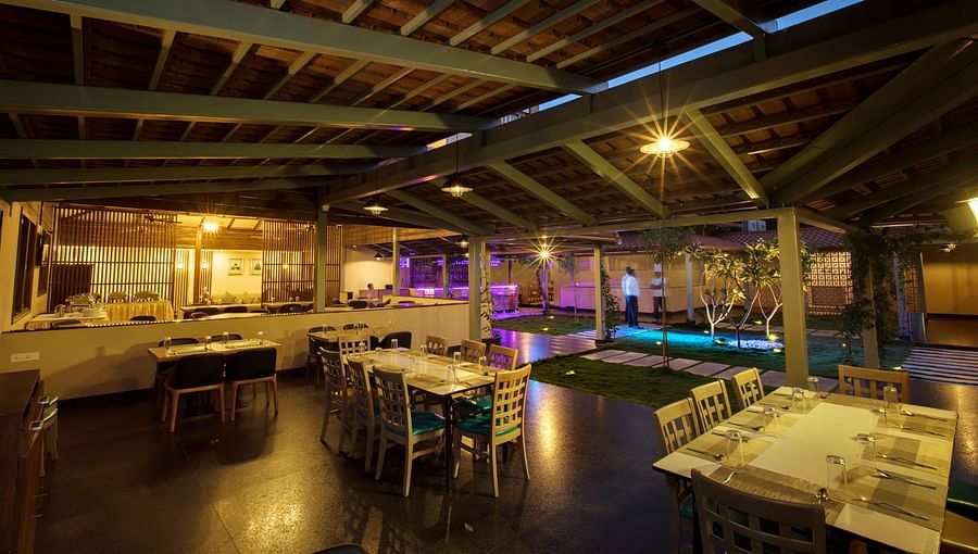 outdoor seating area at our multi-cuisine restaurant in surya city