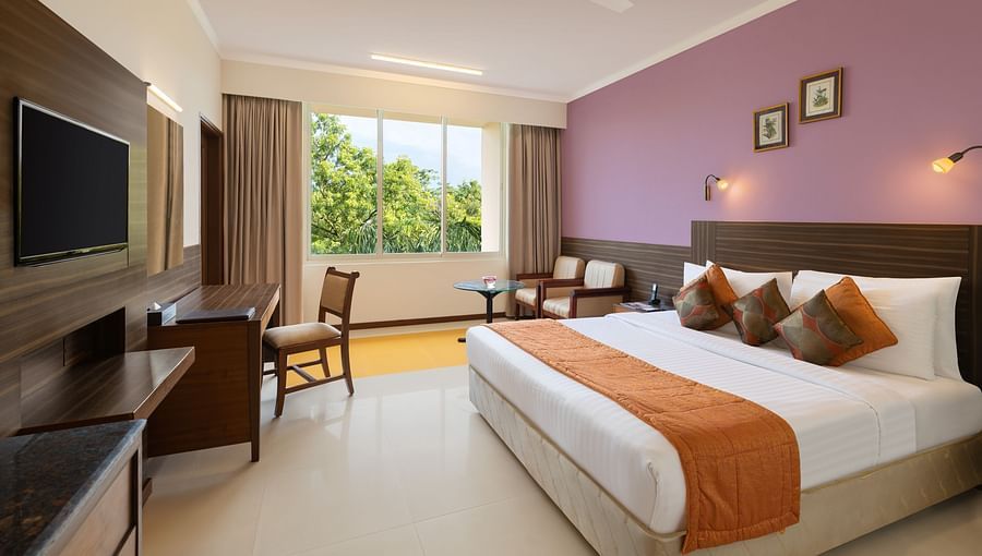 Room with a double bed and a television - Sangam Hotel, Thanjavur