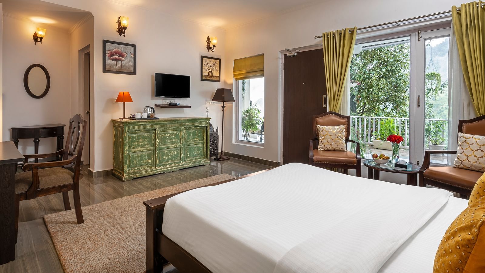 Bright and elegant guest room with large windows, wooden furniture, and modern decor, at BluSalzz Collection - Suvaasa Resort, Ramgarh.