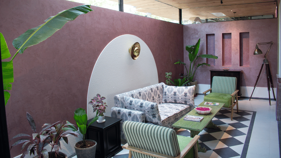Side view of The Sierra's outdoor seating area beneath the roof.