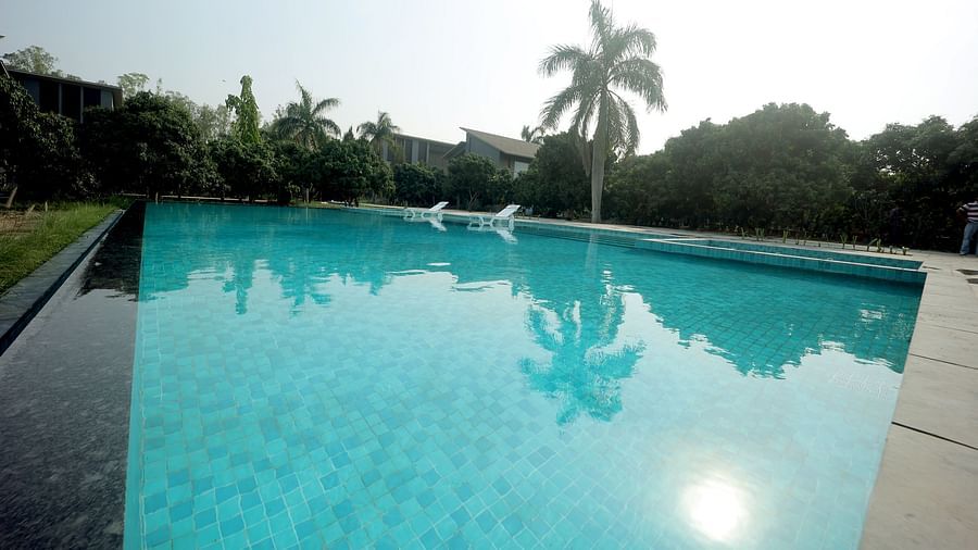 Outdoor swimming pool surrounded by palm trees and tropical greenery under clear skies at Wyndham Garden.