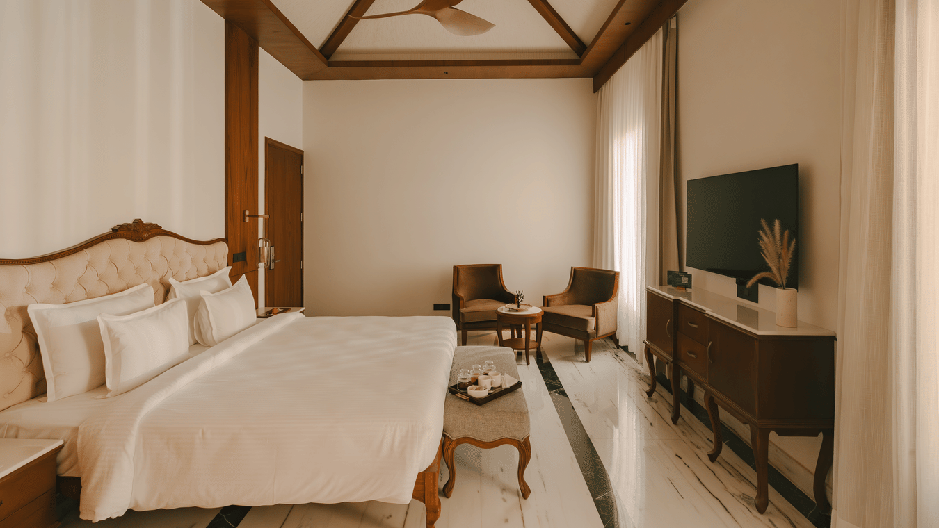 Well lit bedroom with a comfortable king bed and sitting area at The Ananta Udaipur.