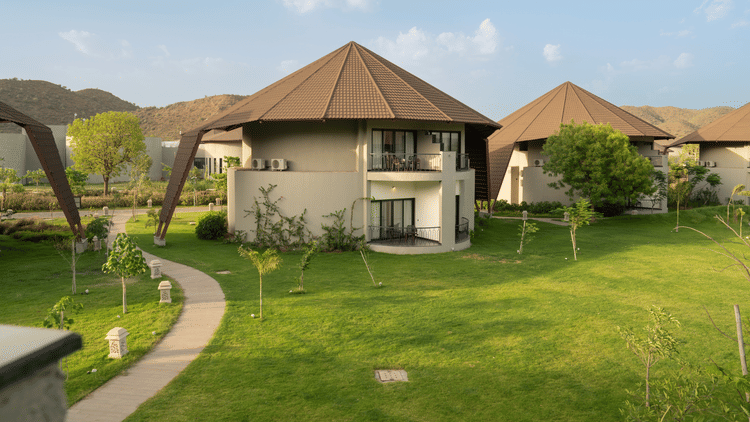 Long view of a two floored building with balcony at Ananta Spa and Resort, Ajabgarh