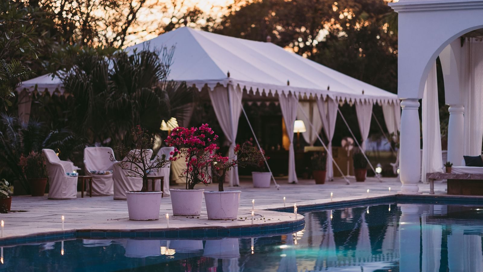 A white tent with draped sides is set up beside a swimming pool, illuminated at duskA white tent with draped sides is set up beside a swimming pool, illuminated at dusk- Shahpura Bagh.