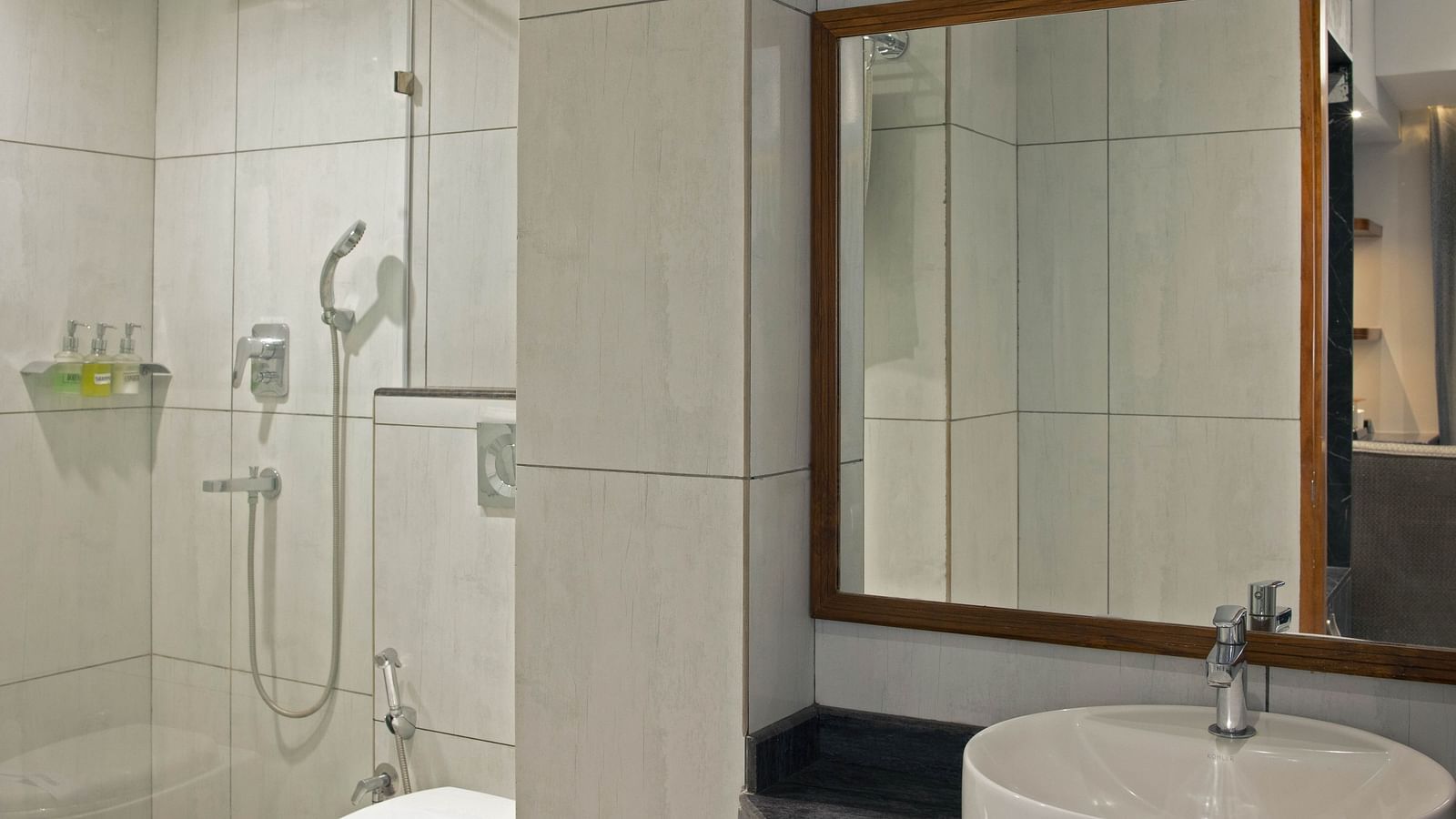 Image of a bathroom of Coral Deluxe at Coral Reef Hotel and Spa in Port Blair mirror below which is a clean white sink and a showering space next to it at Coral Reef Hotel and Spa in Port Blair