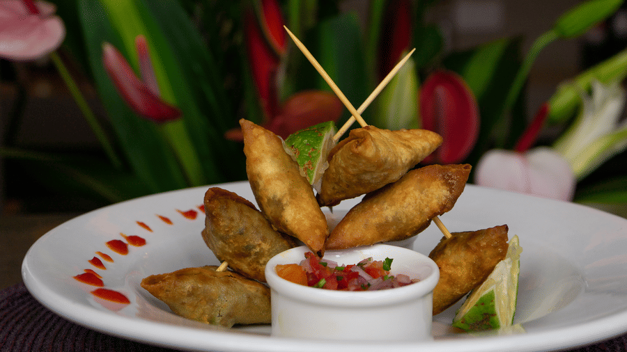 Crispy fried spring rolls served with dipping sauce and fresh garnish at The Zehneria, Nairobi
