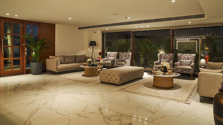 sofas in the lobby at Triptam Hotel, Vrindavan