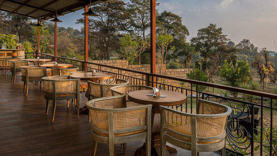 a cafe located on a deck with views of the forest and clusters of tables and chairs in a line - Atman, Dharamshala