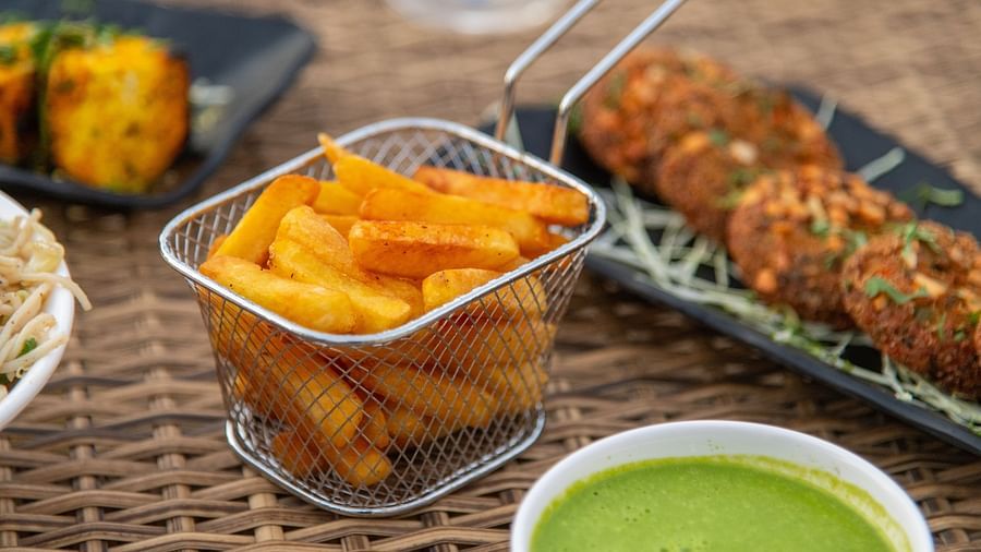 A plate of French fries served alongside other appetisers at DLS Park Grace, Haridwar.