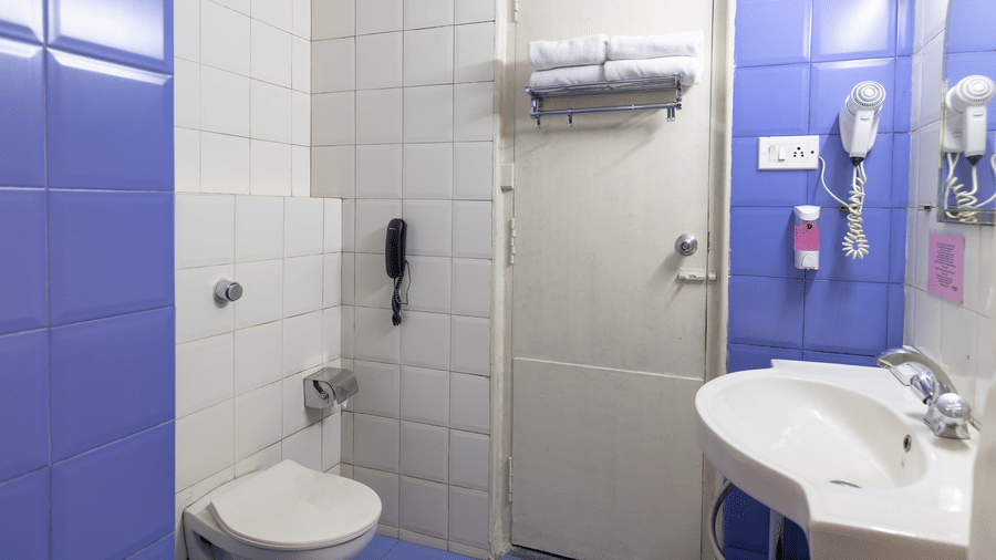 A compact bathroom with blue and white wall tiles, a white sink, and a toilet at Hotel Horizon, Trivandrum.
