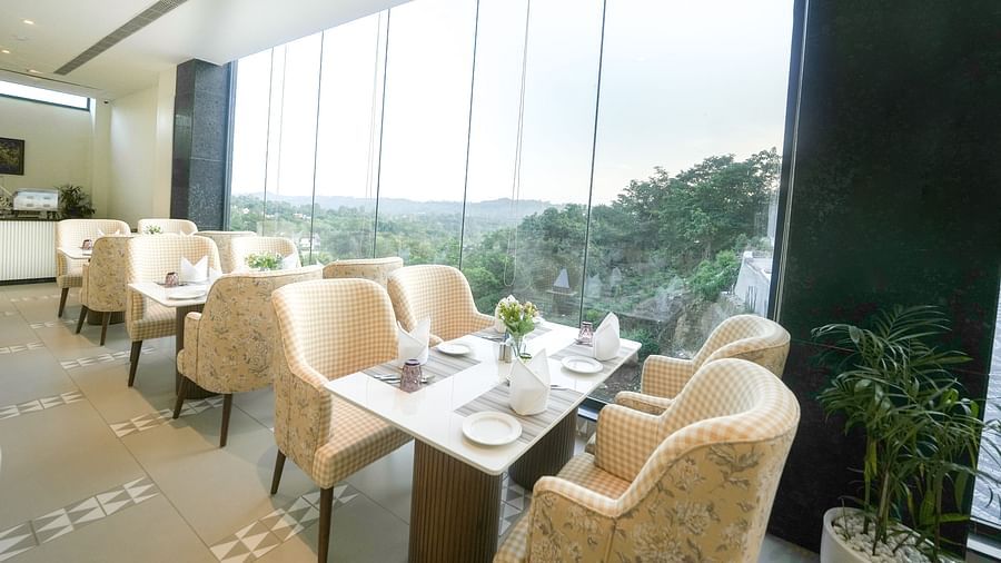 An image showcasing the breathtaking views from our restaurant near Mata Baglamukhi Temple - NAMAMI BY ZENQ BANKHANDI