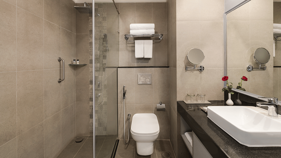 A bathroom layout with a walk-in glass shower enclosure, a toilet, and a sink counter at Ramada by Wyndham Mussoorie Mall Road.