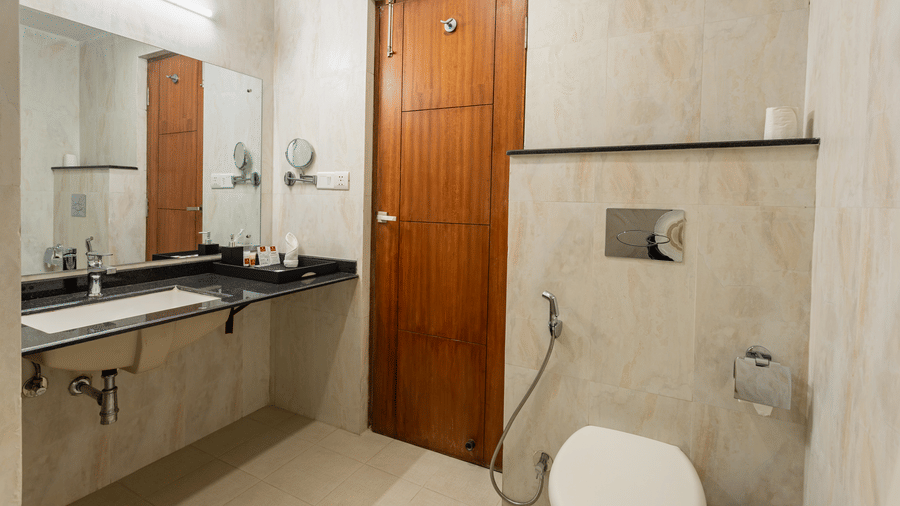 A toilet area with mirror, sink, mirror and a door