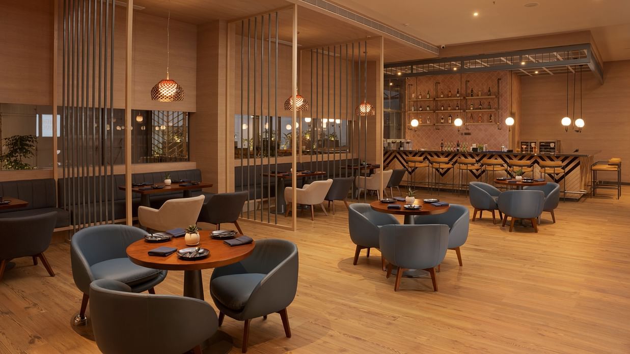 A stylish and modern dining space at High Dive Restaurant, featuring elegant seating, warm lighting, and a sophisticated bar area.