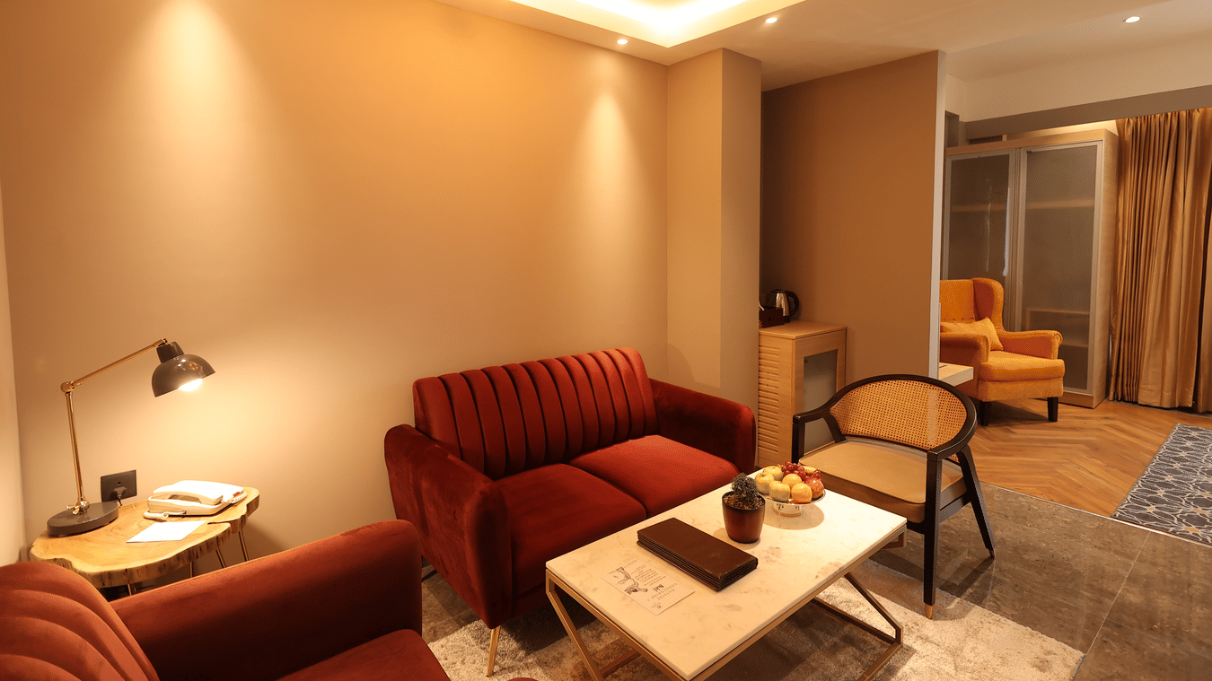 Elegant living room with red sofa