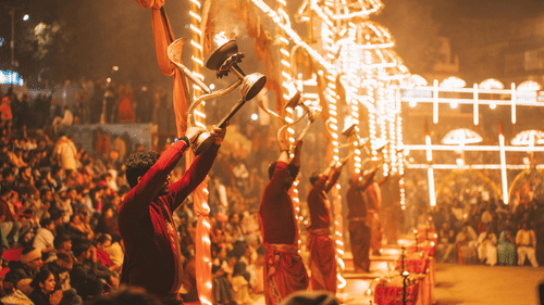 An elaborate fire ritual performed by priests at Dashashwamedh Ghat, Varanasi.
