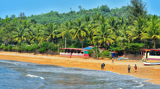 A sandy beach with a cluster of palm trees and small colourful shacks by the water