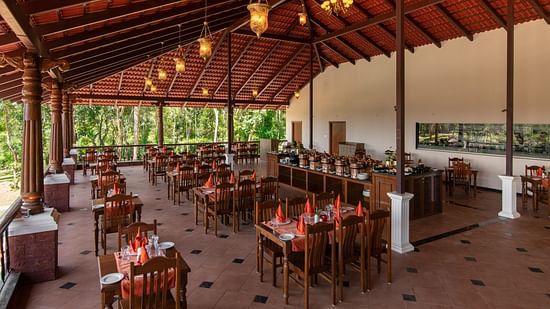 An aerial view of the seating arrangements at Navarasa restaurant TGI Tapovana
