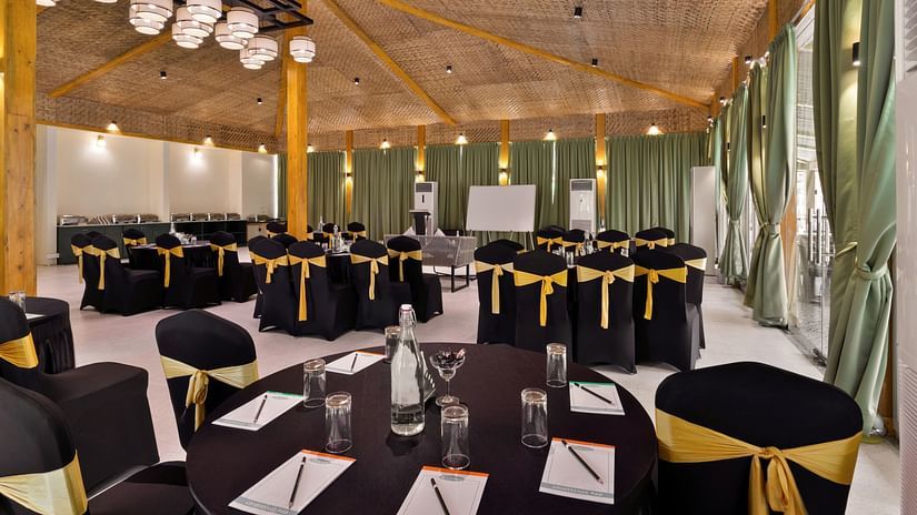 Banquet hall with serene interior decoration at Aralea Beach Resort by Stone Wood, Morjim