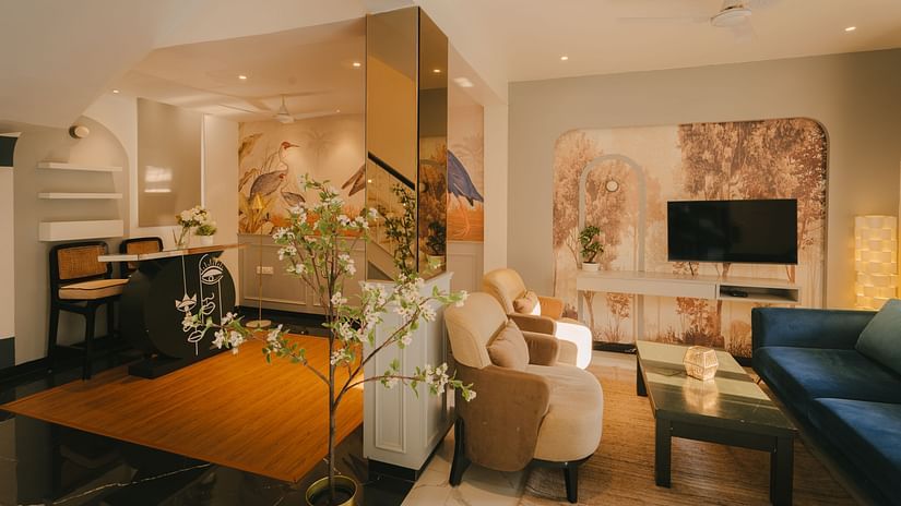 Luxurious and spacious living room with elegant furnishings in Three BHK Premium Villa, Richmonde Ananta Elite, Goa.