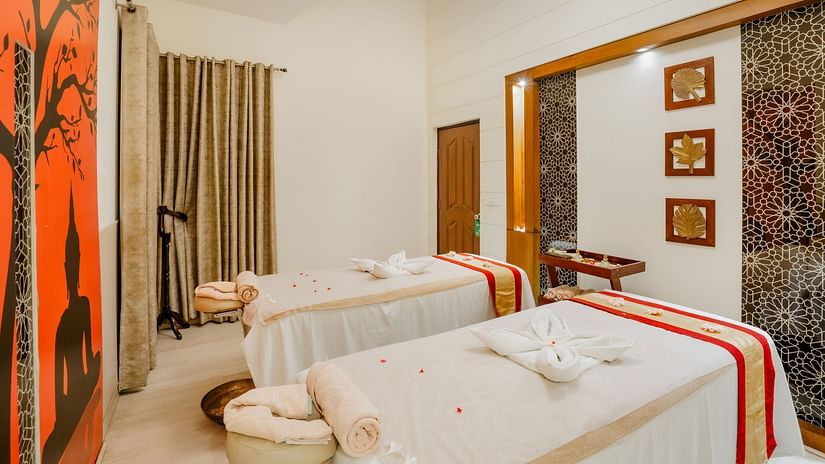 Serene spa room with massage beds and relaxing decor at Shri Radha Brij Vasundhara Resort & Spa, Mathura