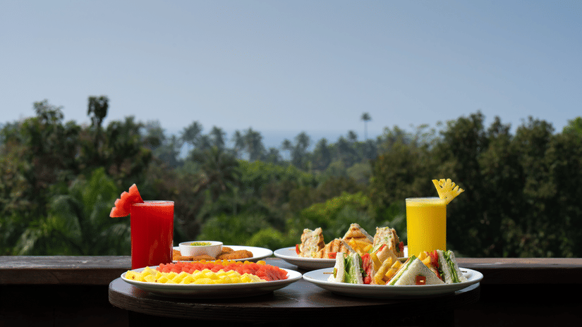 Breakfast served on a platter at Stone Wood Resort, Mandrem