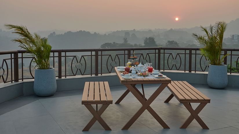 Sunrise breakfast at Sky Deck with panoramic views and seating arrangements at The Dukes Retreat, one of the best picnic sports near by Mumbai.