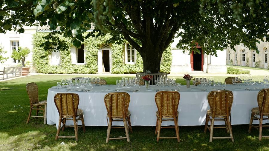 A peaceful outdoor seating area with rows of chairs under large trees, perfect for gatherings