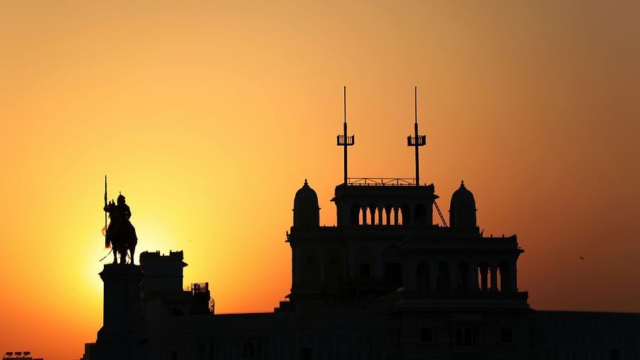 Palace silhouette during a sunset in Jamnagar with orange hues in the sky