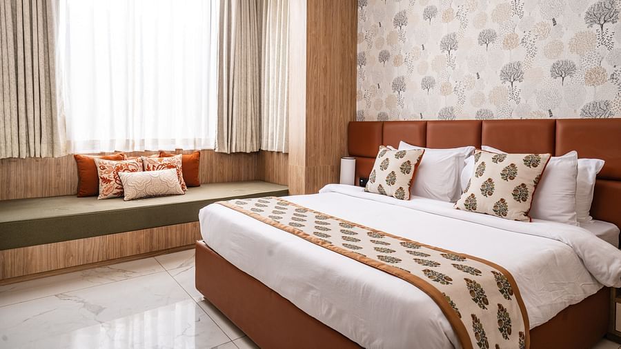 interior of the bedroom of the presidential suite at Triptam Hotel, Vrindavan