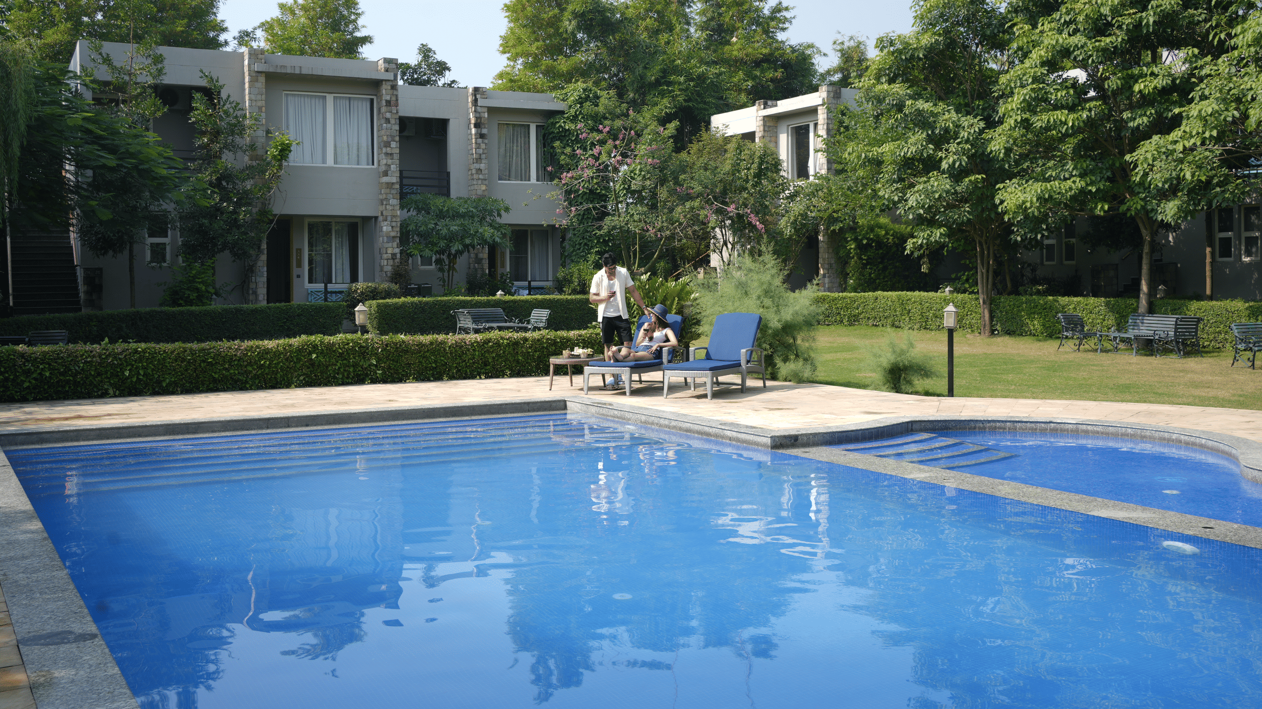 A  clear blue swimming pool surrounded by a green lawn and trees at The Golden Tusk, Jim Corbett